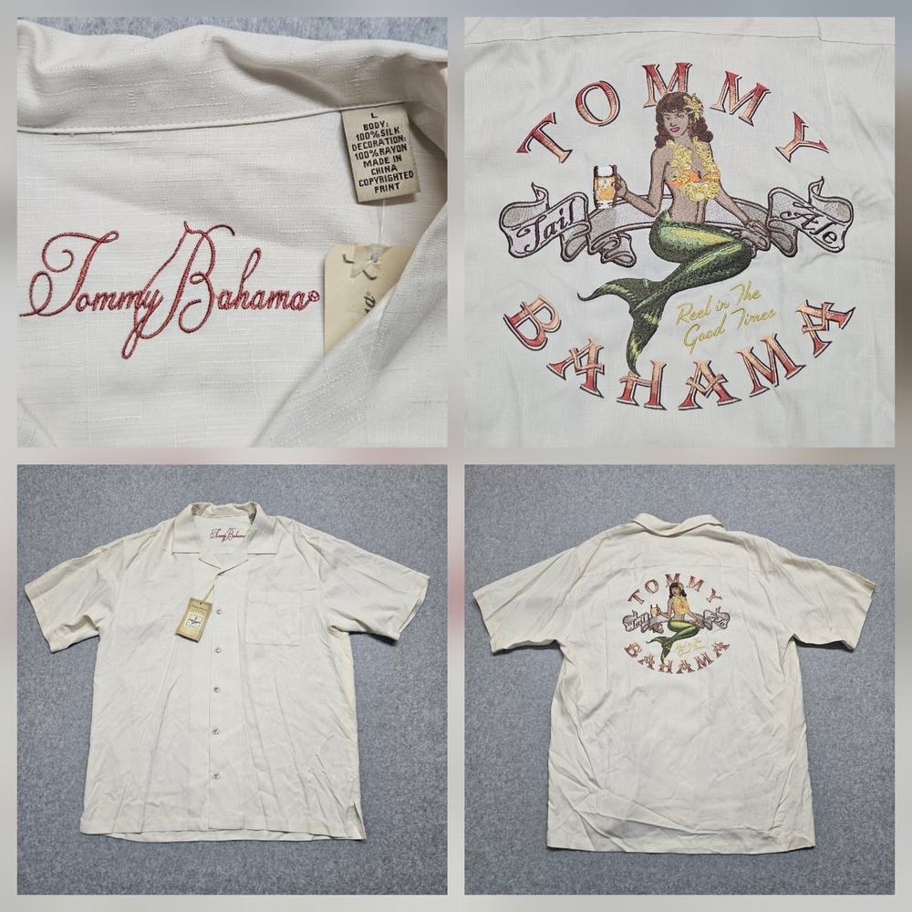Tommy Bahama Ltd Ed Mens Beige Silk Shirt L Tail Ale Mermaid Hawaiian NWT